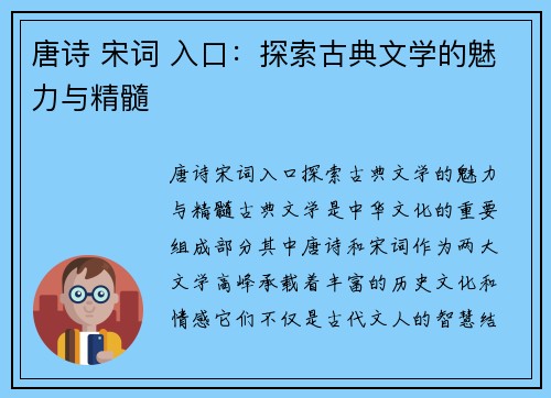 唐诗 宋词 入口：探索古典文学的魅力与精髓